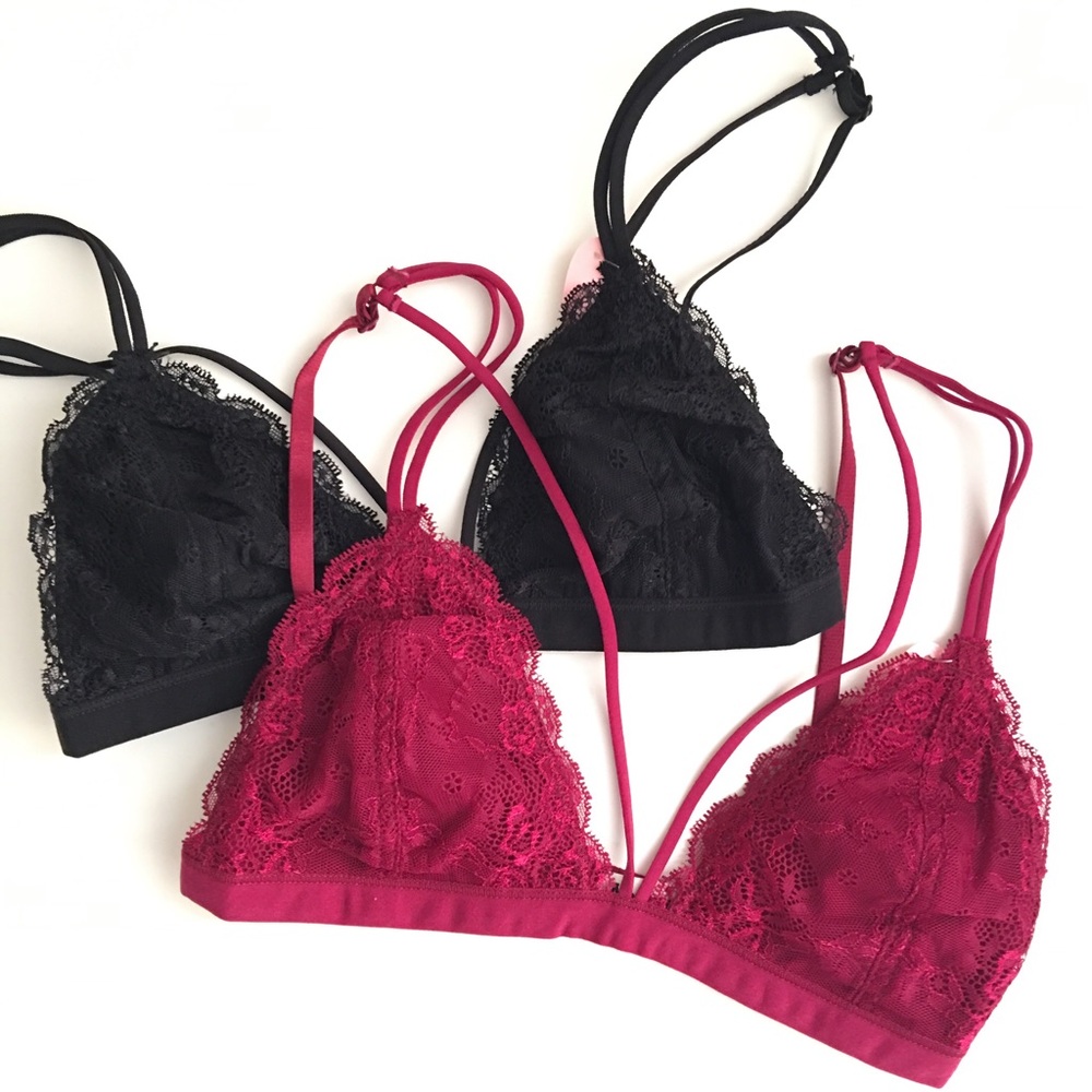Set of 2 - NWT Cage Straps Triangle Lace Bra in Black and Burgundy